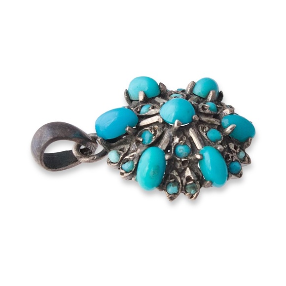 Vintage Turquoise Cluster Sterling Silver Necklace Pendant Petit Point - Picture 2 of 4
